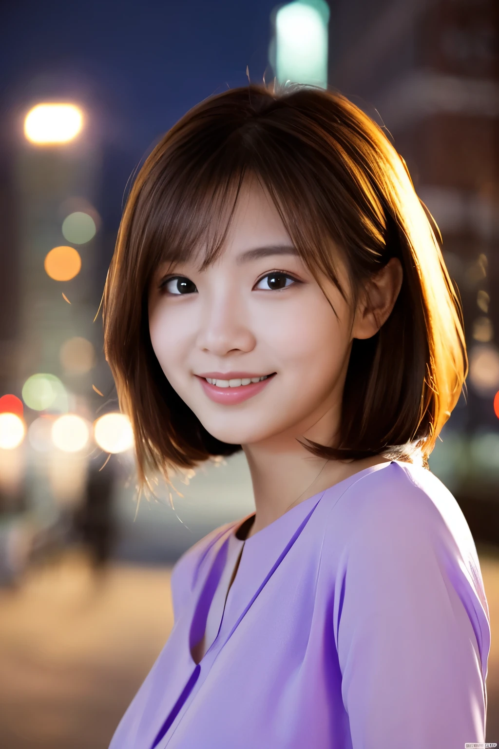 1 girl, (wearing a violet blouse:1.2), beautiful japanese actress,
(RAW photo, highest quality), (realistic, Photoreal:1.4), masterpiece,
very delicate and beautiful, very detailed, 2k wallpaper, wonderful,
finely, Very detailed CG Unity 8K wallpaper, Super detailed, High resolution,
soft light, beautiful detailed girl, very detailed目と顔, beautifully detailed nose, beautiful and detailed eyes, cinematic lighting,
break
(Against the backdrop of a snowy night cityscape 1.3), city lights,
perfect anatomy, slender body, smile, Face the front completely, look at the camera