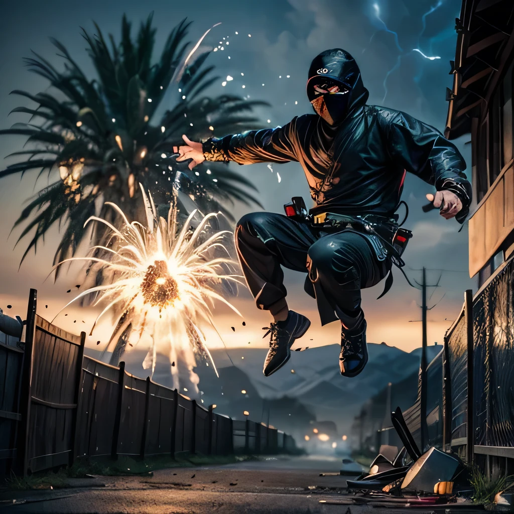 raw photo , 8K, ultra detailed, (realistic:1.2), (1man, ninja, mask:1.3), (jumping:1.4),(explode:1.5),