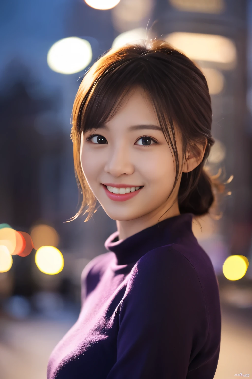 1 girl, (wearing a violet blouse:1.2), beautiful japanese actress,
(RAW photo, highest quality), (realistic, Photoreal:1.4), masterpiece, 
very delicate and beautiful, very detailed, 2k wallpaper, wonderful, 
finely, Very detailed CG Unity 8K wallpaper, Super detailed, High resolution, 
soft light, beautiful detailed girl, very detailed目と顔, beautifully detailed nose, beautiful and detailed eyes, cinematic lighting, 
break
(Against the backdrop of a snowy night cityscape 1.3), city lights, 
perfect anatomy, slender body, smile, Face the front completely, look at the camera