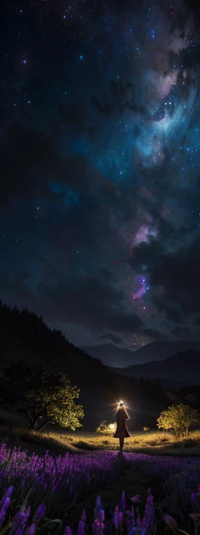 Vast landscape photography , (View from below, Sky above、The fields below), Girl standing in a flower field looking up, (full moon:1.2), ( shooting star:0.9), (nebula:1.3), Distant Mountain, Treebreak Production Art, (Warm light source:1.2), (Firefly:1.2), lamp, Lots of purple and orange, Intricate details, Volumetric Lighting Break
(masterpiece:1.2), (highest quality), 4K, Very detailed, (moving composition:1.4), Very detailed, Colorful details,( Rainbow-colored:1.2), (Shining Light, Atmospheric lighting), dream-like, magic, (alone:1.2)