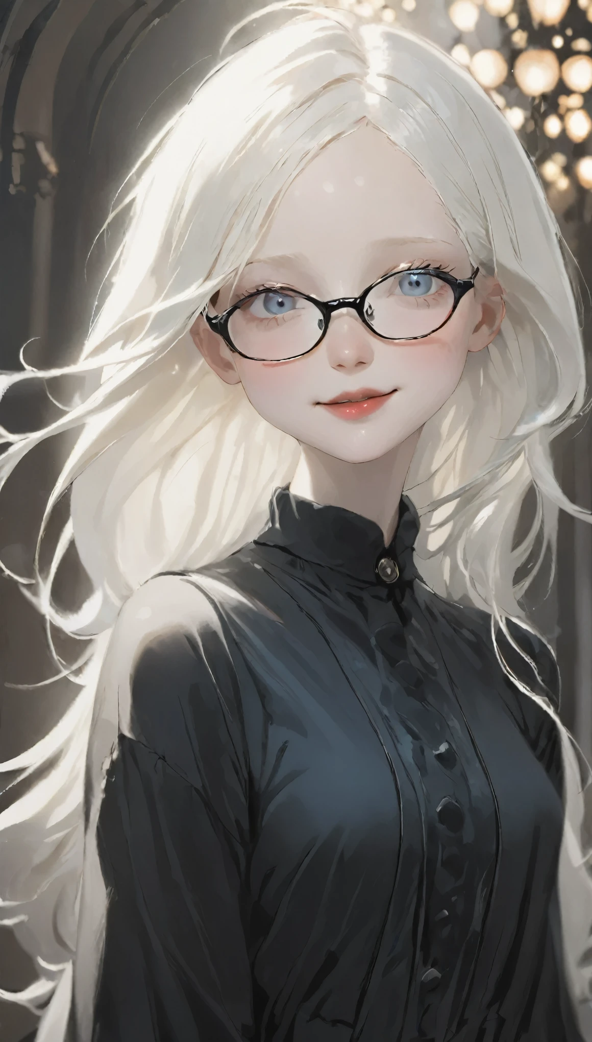 ((Ultra-realistic illustrations:1.3)),(Black clothes), Cute 18 year old (albino:1.4)Women of Slavic descent.(short:1.1), , Long white hair, Grey Eyes, ((Very pale:1.4)). Innocent look. kind.(virgin), (joy:1.2),(smile:1.3). (Playful:1.2). mascara, Glasses, Red lipstick, dress, (Black Pantyhose), pumps. masterpiece, (Very detailed:1.2),(Detailed face and eyes:1.2), 8k wallpaper, Moody lighting. Core Shadow, High Contrast, Bokeh.