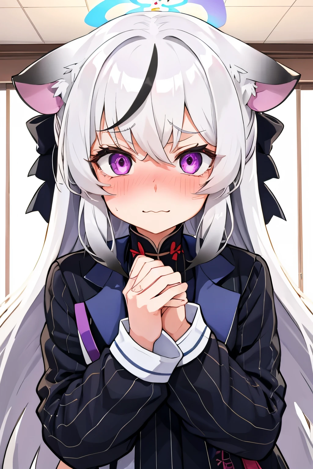 1girl, kokona, indoors, purple eyes, white hair, :3 mouth, embarrassed, beautiful eyes, beautiful lips, shiny lips, extremely detailed eyes and face, long eyelashes, close-up, warm lighting, vibrant colors, looking at the viewer, embarrassed look, blush, Winter suit, winter wonder