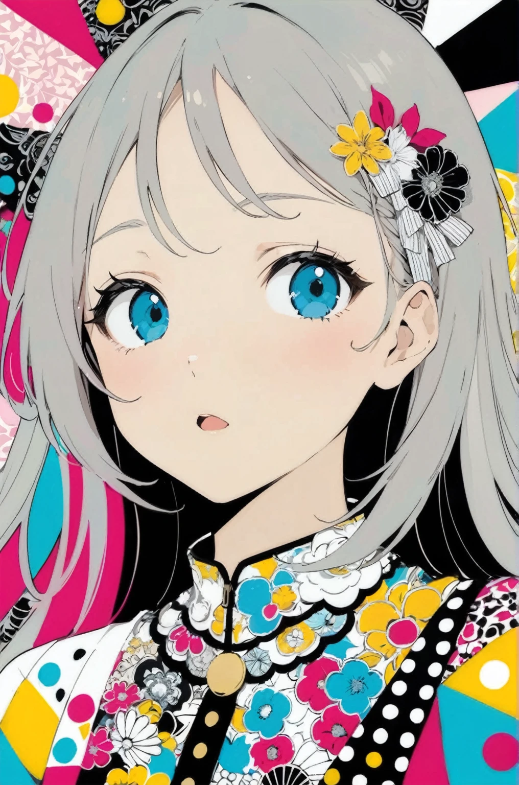 flat color,
girl looks seriously at viewer,
patchwork collage, abstract,
BREAK, (16yo, detailed face),open mouth,