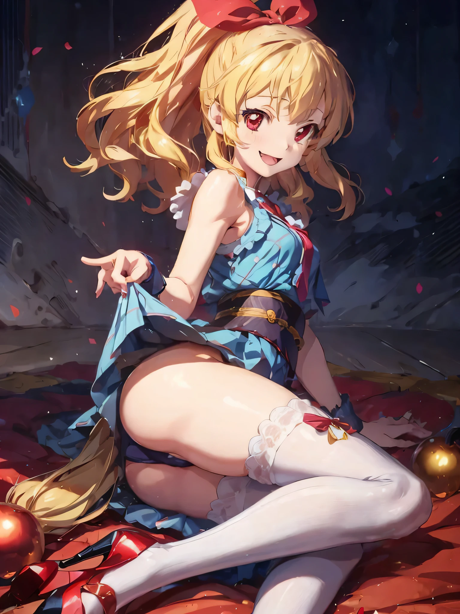 an anime style cartoon drawing of a girl with high heels on the floor, 1girl, solo, Blonde hair, , ass, , breasts, shiranui mai, hosimiya ichigo, red eyes, looking at viewer, ponytail, open mouth, smile, long hair, simple background,Ichigo Hoshimiya (Aikatsu!),Shiranui Mai, Kunoichi Dress