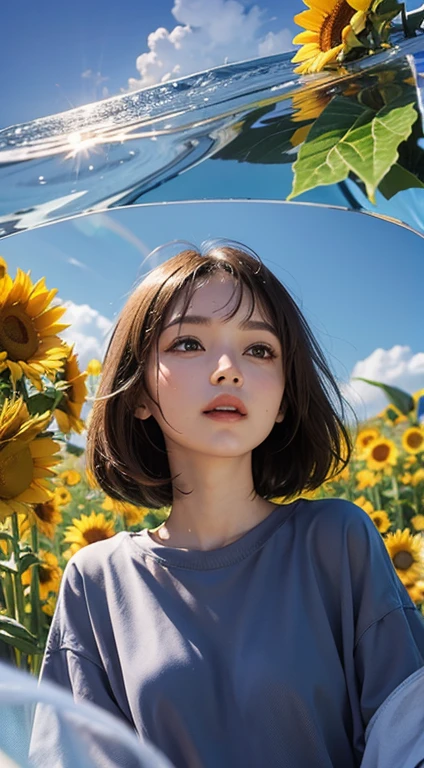   Flowers and blue sky、Autumn sky and beautiful sunflowers、Landscape photo of a vast sunflower field、（View of the sky and wilderness from below）、Girl looking up at the blue sky、Draw a big picture of the sky、Tabletop、highest quality、perfect pretty smile face, Perfect Face, Five Fingers, Two Arms,