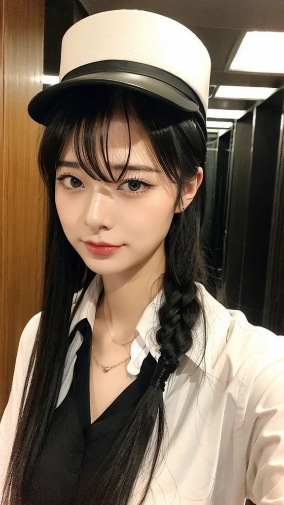 Black hair tied back、Conductor hat、woman、conductor、