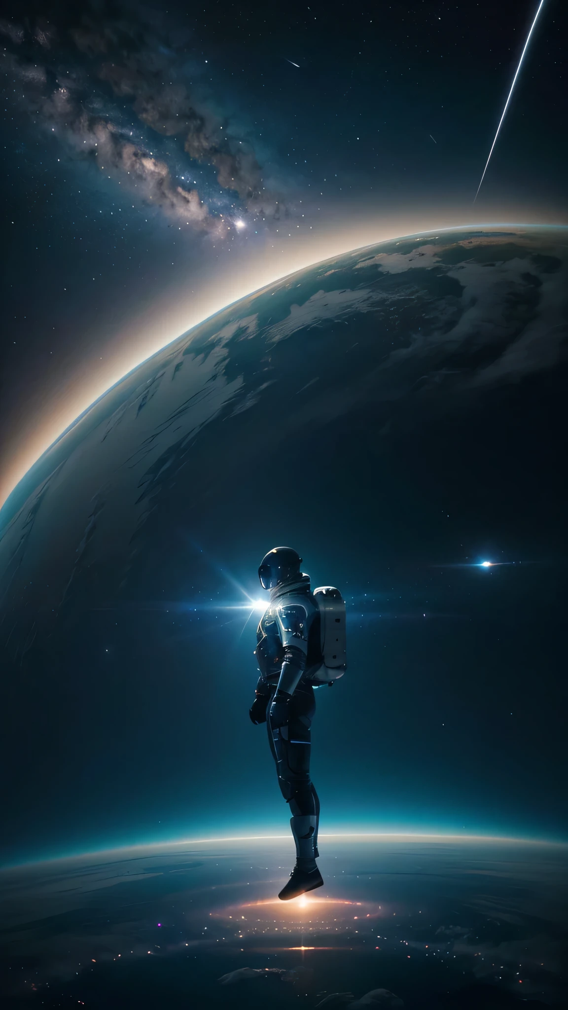 A Man Floating Through Space Above Earth At Night With A View Of Earth, Digital Art by Jessica Rossier, Pexels, Digital Art, Flying In Space, Stunning Visual Effects, Flying Through Space, Floating In Space, Floating In Outer Space, Drifting In Space, Flying Through The Universe, it is flying through space, Looming over Earth in space