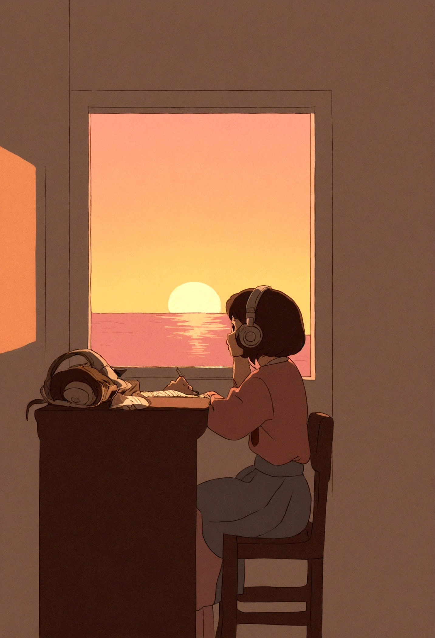 Lo-Fi　A girl studying at a desk while listening to music,The girl is studying facing the window　I have headphones on,Outside, the sea and the sunset,Emotional atmosphere,Anime Style,Retro Studio Ghibli