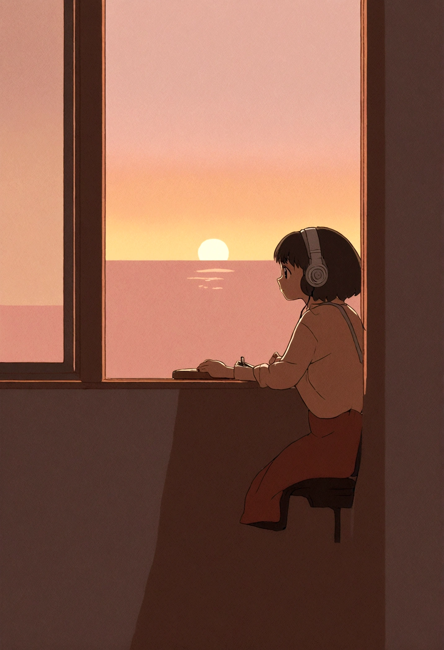 Lo-Fi　A girl studying at a desk while listening to music,The girl is studying facing the window　I have headphones on,Outside, the sea and the sunset,Emotional atmosphere,Anime Style,Retro Studio Ghibli