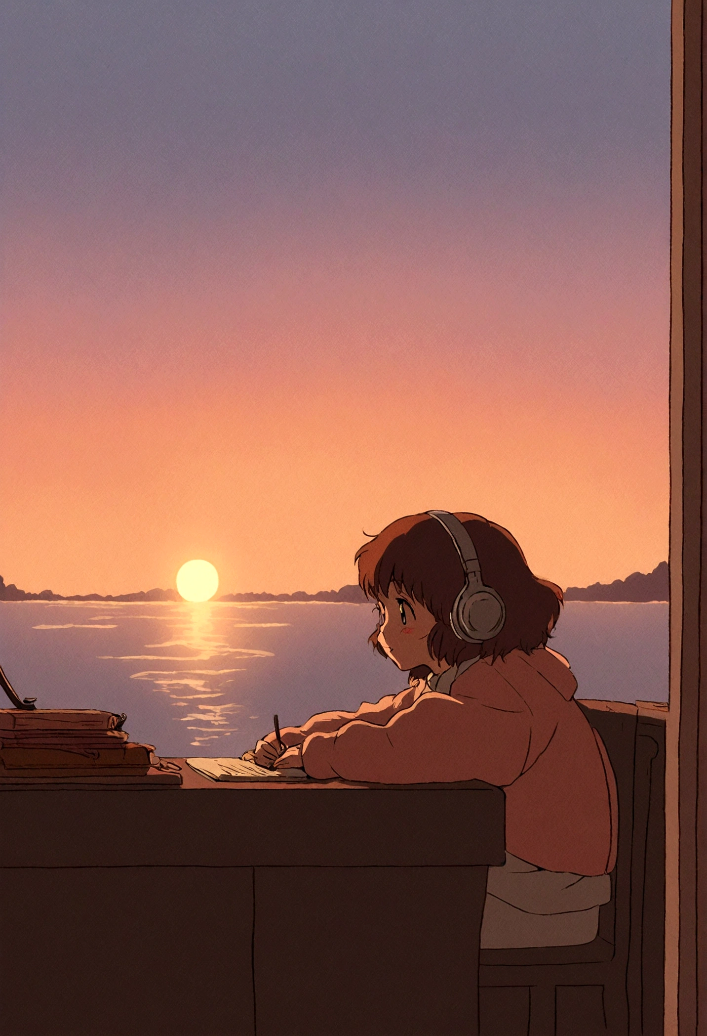 Lo-Fi　A girl studying at a desk while listening to music,The girl is studying facing the window　I have headphones on,Outside, the sea and the sunset,Emotional atmosphere,Anime Style,Retro Studio Ghibli