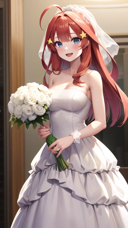 masterpiece, best quality, highres, Nakano Itsuki, long hair, ahoge, star hair ornament, bridal veil, collarbone, bare shoulders, strapless, wedding dress, white dress, wrist cuffs, graden, standing, holding bouquet, smile, open mouth,