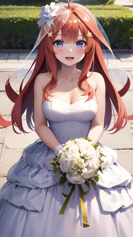 masterpiece, best quality, highres, Nakano Itsuki, long hair, ahoge, star hair ornament, bridal veil, collarbone, bare shoulders, strapless, wedding dress, white dress, wrist cuffs, graden, standing, holding bouquet, smile, open mouth,