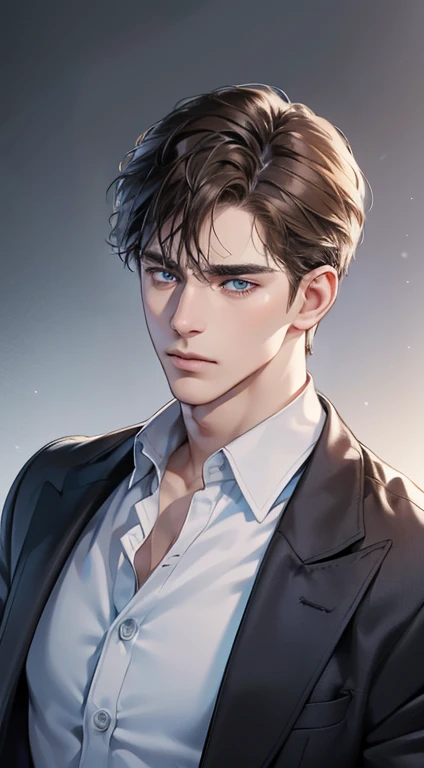 (best quality, masterpiece, 8K, photorealistic, cinematic lighting, 1:4 hdr image, ultra detailed, beautiful image), a mature man, 34 years very handsome, ((cold expression)), short brown hair, blue eyes, face perfect without mistakes, ((buttoning his jacket, CEO))