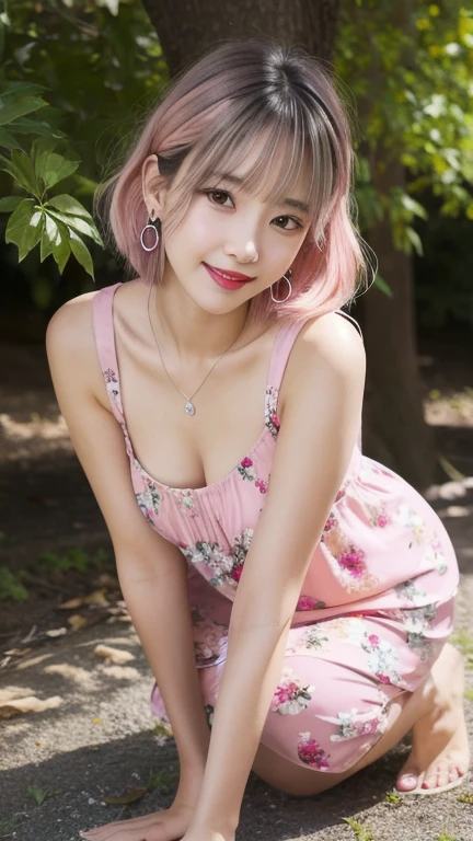 (8k, Photorealistic, Raw photo, Highest quality: 1.4),Japanese idol style1Beautiful girl of the person,18-year-old,Short bob hairstyle,(Silver Hair :1.4),She has her hair tucked behind her ears,She has small earrings in her ears,Big, clear grey eyes,Long eyelashes,Plump Cheeks,(She is applying lipstick,(Pink :1.4)),Apply gloss over your lipstick for glossy, plump lips,Smiling,A short pendant is hanging around her neck.,両手の爪に淡いPinkのマニキュアを塗っている,Both toenails have red nail polish,(She is wearing a sleeveless floral dress,(Dark colored base :1.4),(Long length :1.2)),barefoot,Standing on the grass under a tree in the park,Full body portrait,(Angle from below :1.4)