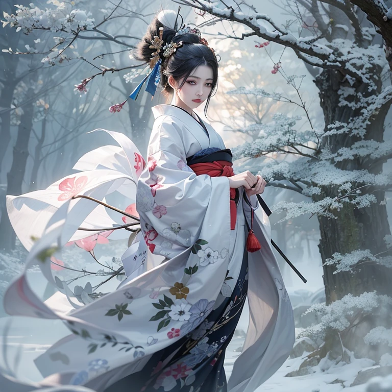 (Award-winning masterpiece, Very detailed, Texture and maximum detail), (Surreal:1.4), (stunningly anatomically perfect and beautiful style:1.9), (Transparent white skin and the highest quality realistic texture:1.8), (Yuki-onna in Japanesefolk tales:1.6), (Accurate perfect circle, Symmetrical pitch black eyes), (detailed and breathtakingly beautiful face:1.6), (Aesthetic and decadent atmosphere:1.7), (Calm, Traditional Japanese kimono that covers the whole body、that&#39;Place々Are broken, Elegant and delicate pattern:1.8), (Pale skin, but、White skin and face:1.6), (beautiful, Shiny hair blown by the wind:1.8), (Oiran's Hyogomage:0.6), (Decadent attire, Carefully crafted accessories:1.8), (Fallen Beauty:1.6), (Pitch black eyes that seem to glow from within:1.7), (Less exposed skin), (The strong moonlight shines from above:1.7), ((Dramatic Photos)), ((Cinematic light)), (look up), (Looking down), (Dramatic Pose), (Smoke effects and mesmerizing lights:1.4), (Bamboo forest behind:0.3), Amida Hall in the back, Vermilion torii gate(fog:1.3), Wind effects, Swirling Snow, Winter Storm, wind and rain, (fogが漂う:1.3), Snowstorm Ice Field, A quiet snowy field illuminated by moonlight, Midnight in a snowy town, (Dark Night, Full moon night, Crescent Moon Night), Spectacular and realistic, Faded, ((Neutral Tones)), art, (High resolution:1.5), (Calm colors:1.2), Very detailed, (artstation:1.5), Cinematic, Warm Light, Light effects, Dramatic Light, (Intricate details:1.1), Complex background, (Greg Rutkowski:0.8), (blue green and orange:0.4)