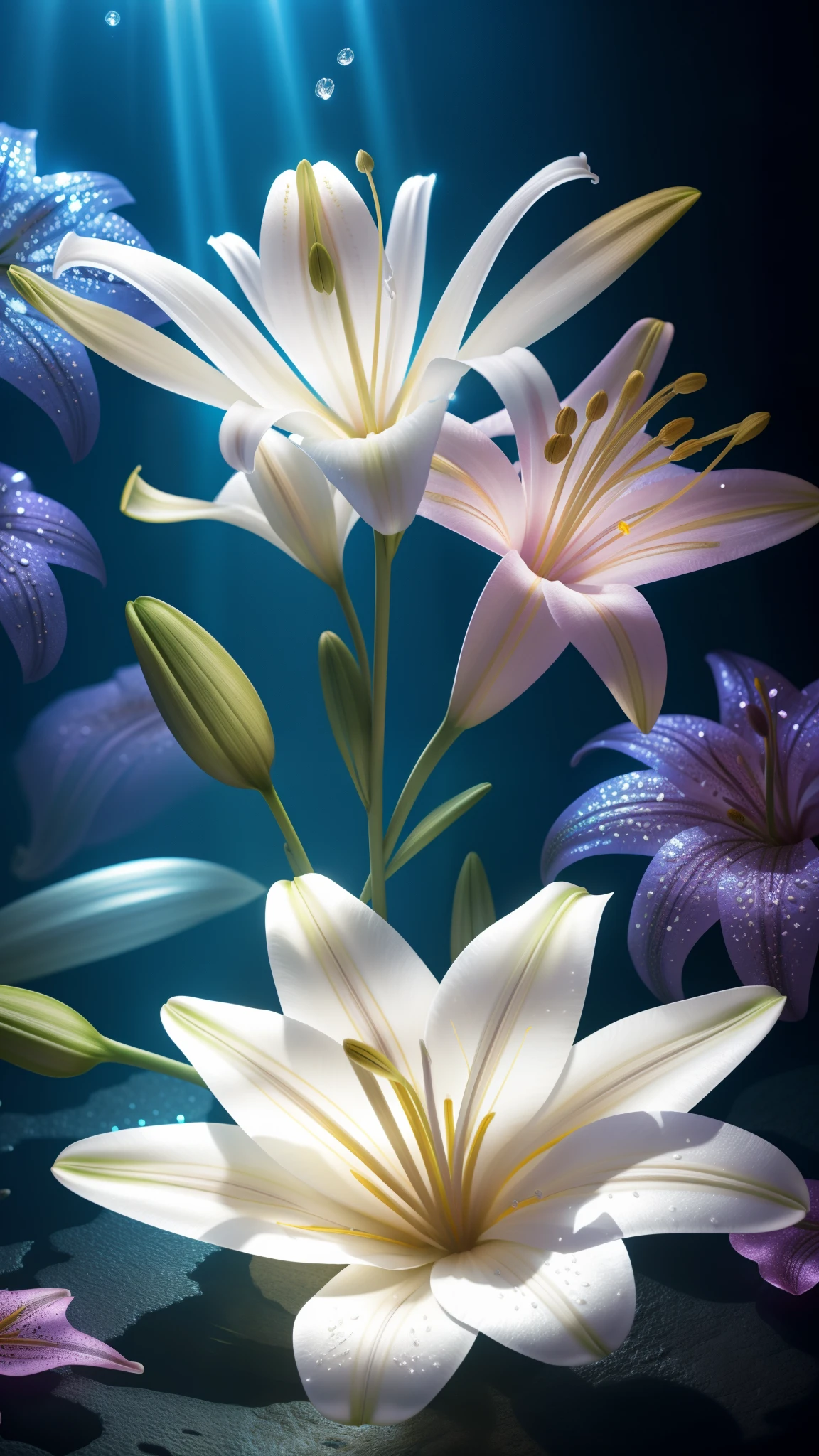 ((lily flowers)), super transparent, Holy Light, beautiful spectral light, petals glow, flashes, Dark background, drops of transparent light, reflective light, Bright, light streaming in, optics, Sharp Focus, Magical, Convoluted, A hyper-realistic, Fantasy composition, light, Trending in art stations, pearls, patronus cloud of silvery vapor, corrosive enveloping ray family, 8K, ureal ar 23v4 uplight