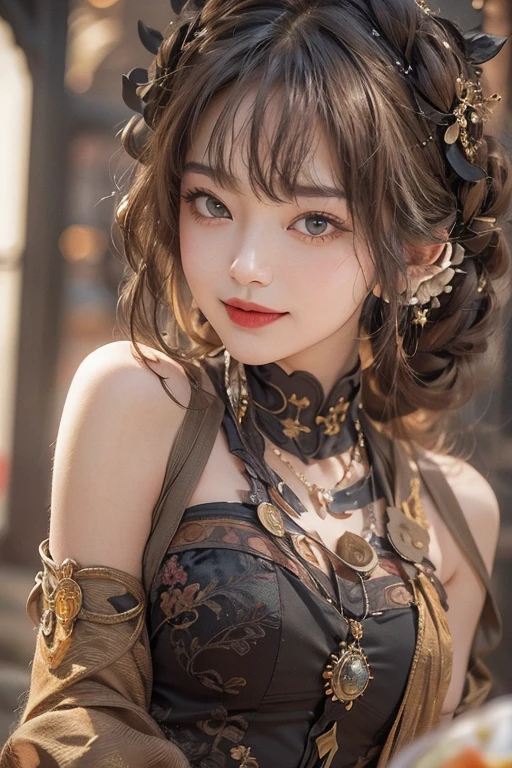 (masterpiece:1.3), (8k, Photorealistic, Raw photo, Best image quality: 1.4), Japanese 、18-year-old,(Random Hairstyles:1.2)、Cleavage:1.2、Super detailed face、Attention to detail、double eyelid、Put your chest together、Sharp focus:1.2、Beautiful woman:1.4、Light brown hair、highest quality、masterpiece、超A high resolution、(Photorealistic:1.4)、Highly detailed and professionally lit smile、loose fitting steampunk outfit、Shoulders out、thin、Serious expression、Holding a gorgeous necklace in her right hand, Inside the castle、Eat dinner