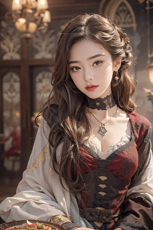 (masterpiece:1.3), (8k, Photorealistic, Raw photo, Best image quality: 1.4), Japanese 、18-year-old,(Random Hairstyles:1.2)、Cleavage:1.2、Super detailed face、Attention to detail、double eyelid、Put your chest together、Sharp focus:1.2、Beautiful woman:1.4、Light brown hair、highest quality、masterpiece、超A high resolution、(Photorealistic:1.4)、Highly detailed and professionally lit smile、loose fitting steampunk outfit、Shoulders out、thin、Serious expression、Holding a gorgeous necklace in her right hand, Inside the castle、Eat dinner