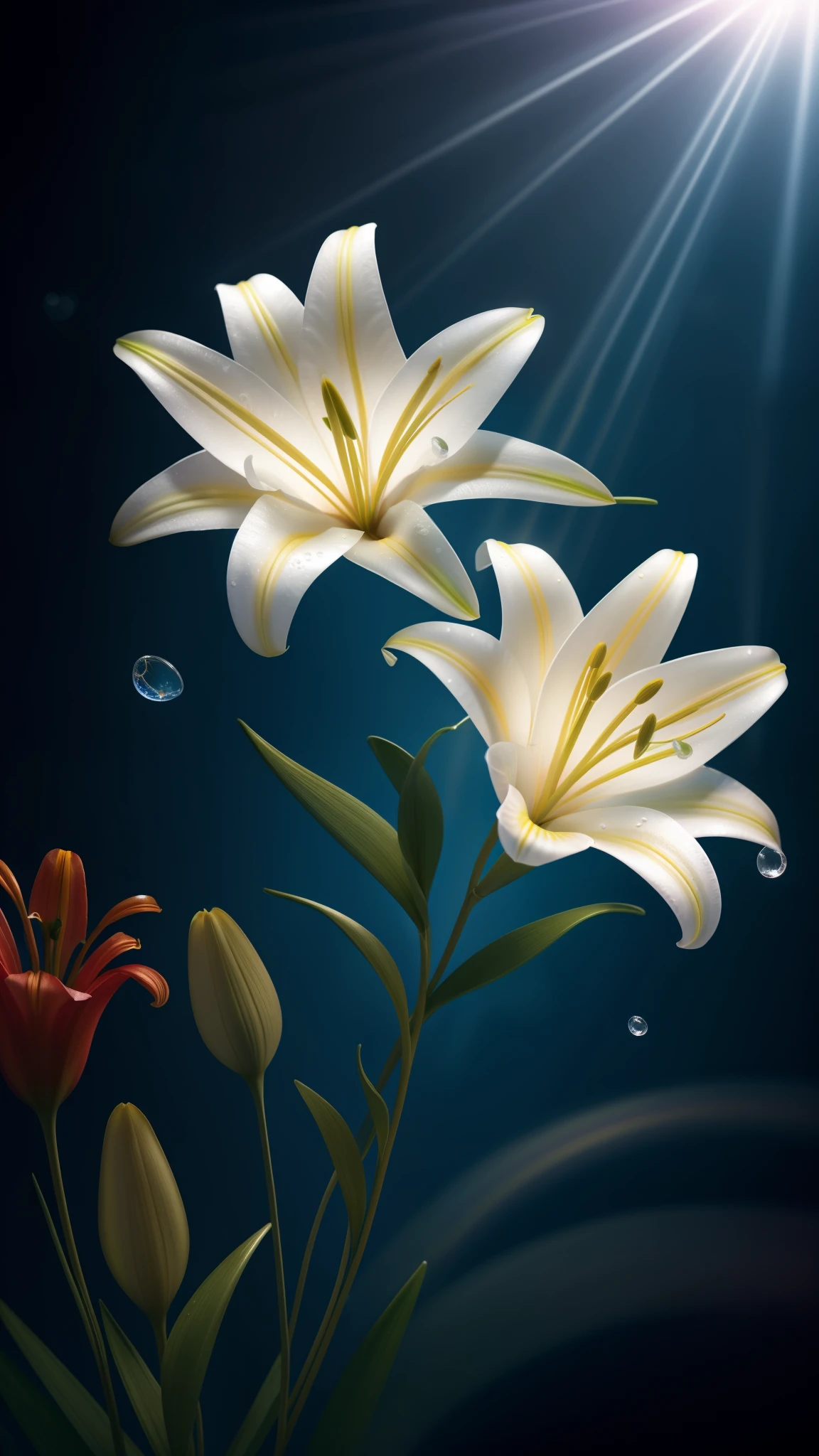((lily flowers)), super transparent, Holy Light, beautiful spectral light, petals glow, flashes, Dark background, drops of transparent light, reflective light, Bright, light streaming in, optics, Sharp Focus, Magical, Convoluted, A hyper-realistic, Fantasy composition, light, Trending in art stations, pearls, patronus cloud of silvery vapor, corrosive enveloping ray family, 8K, ureal ar 23v4 uplight, red