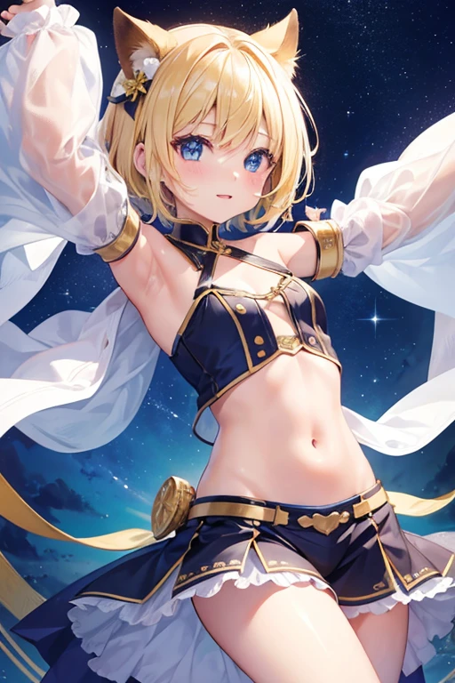 Femboy with bare golden hair, , he is a model and came to show off her body, he is wearing a short skirt, and he is covering his breasts with a cloth, his eyes are blue, and he is a girly boy.