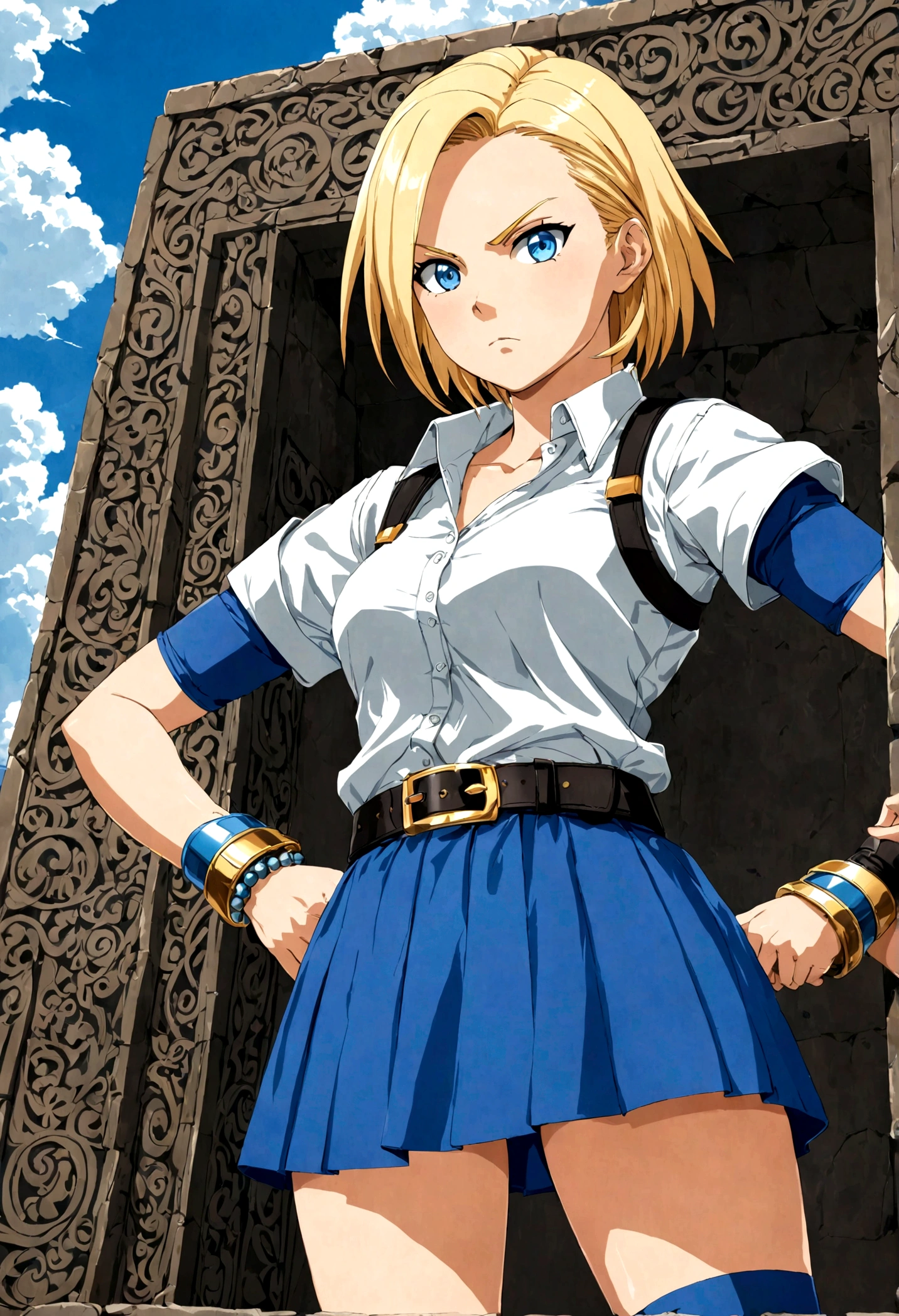 1girl, android18 from "Dragon Ball", angry punch hit a huge stone, exaggerate, outdoors, sysdeep_android18, cyborgc18dbz, DB_Android_18, a woman, blond hair, Short hair, blue eyes, belt, blue skirt, white shirt, vest, short sleeves, bracelet, black belt, belt buckle, (masterpiece, best quality, Professional, perfect composition, very aesthetic, absurdres, ultra-detailed, intricate details:1.3)
