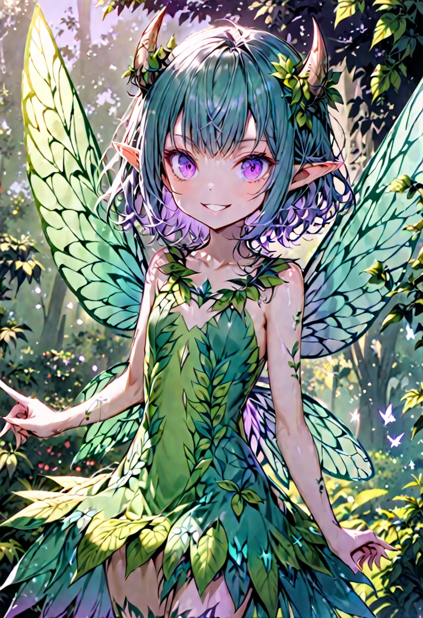 Female, fairy, fleshy horns, stubby horns, short messy hair, teal hair, pointed ears, flat chest, leaf united, leaf dress, fairy wings, large wings, violet eyes, mischievous smile, v fingers, slender, flying, medium shot