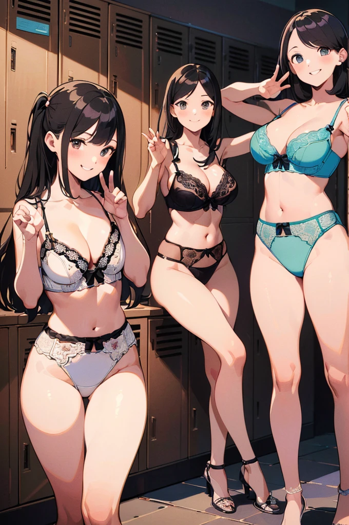 Multiple Girls, (masterpiece:1.8),(highest quality:1.8),(Very detailed:1.8),(8k:1.8),(Ultra-fine Illustration:1.5),Bun hairstyle,Flat Chest,Small Ass,(Random Color,,Delicate lace large lingerie:1.4),(Pose with a smile:1.5),Inside the locker room,(Full body angle),