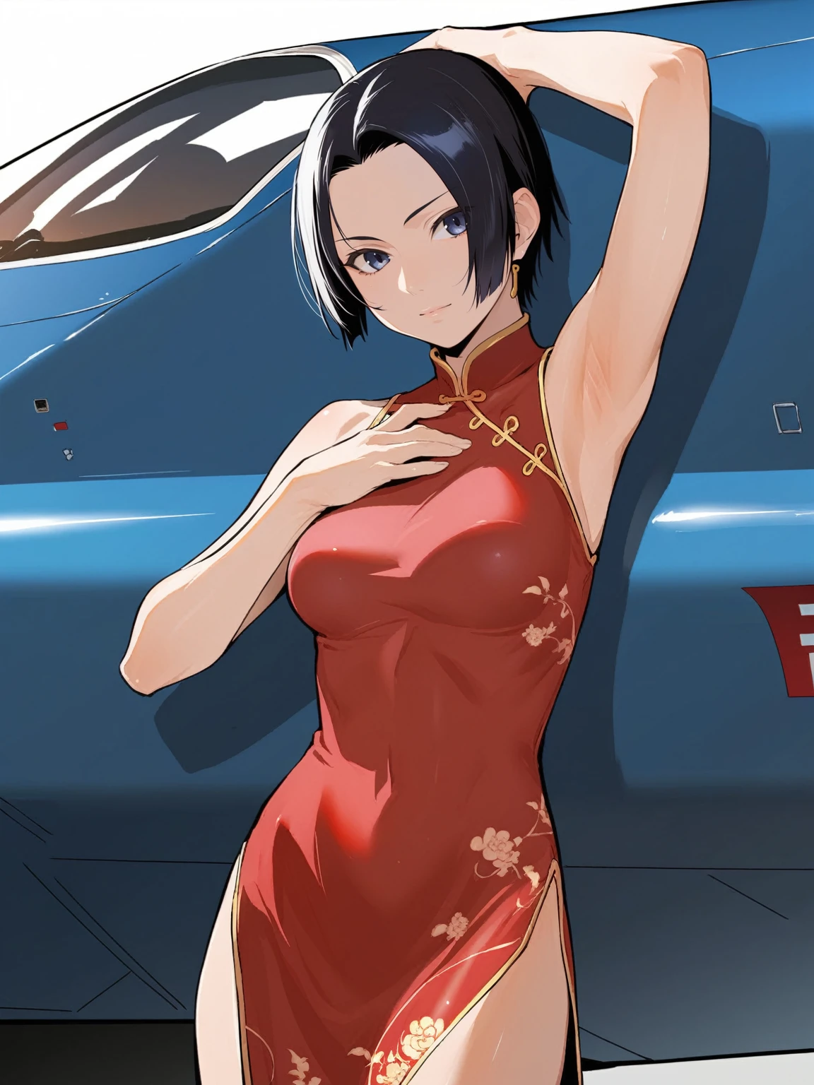 score_9, score_8_up, source_anime, solo, 1girl, tomboy, dress, boa hancock, lole, young, ((aged down)), ikuchan, black hair, jet black hair, oriental, Chinese dress, short dress, short hair