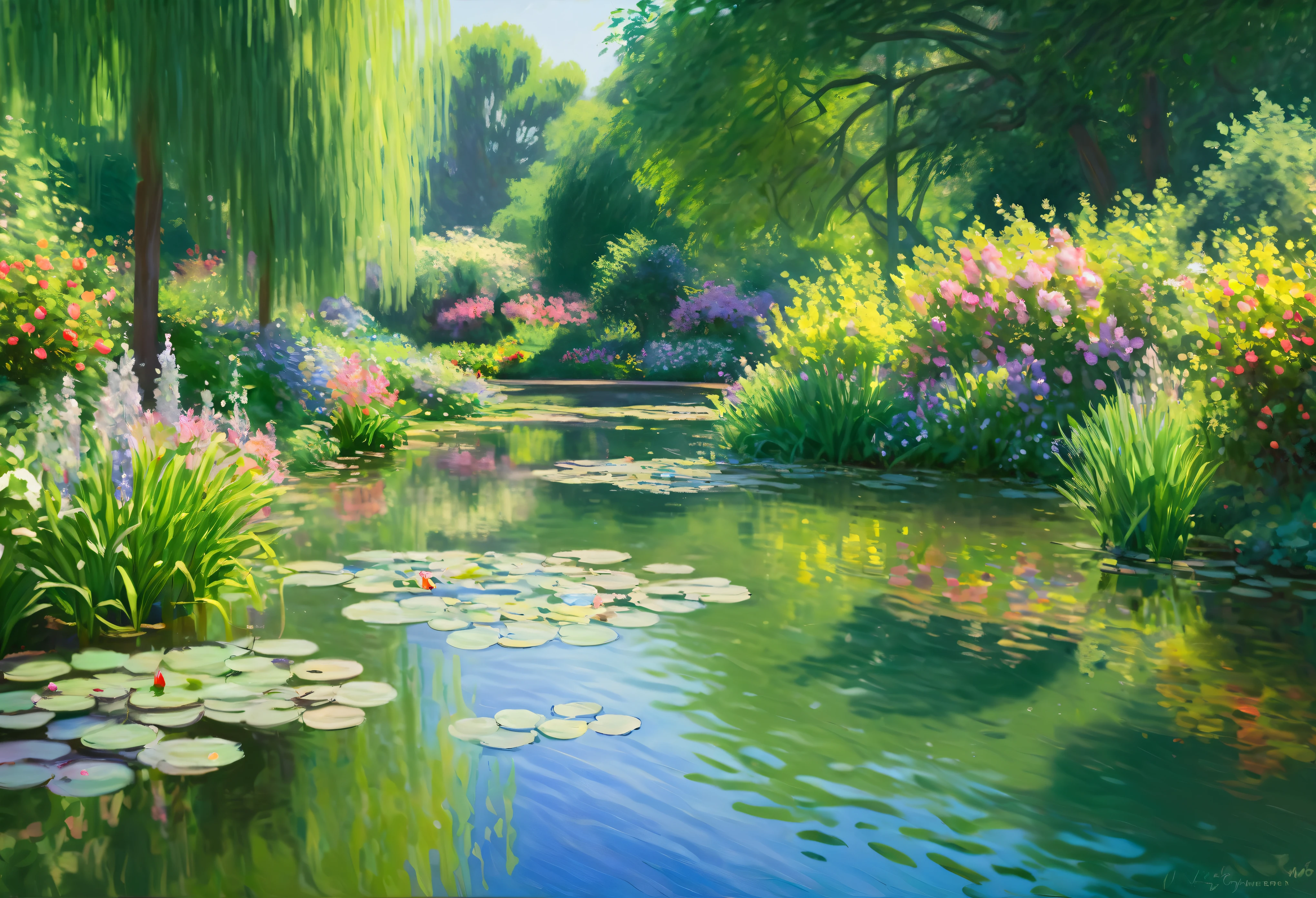 best quality,highres,masterpiece:1.2,ultra-detailed,realistic,vivid colors,studio lighting,portraits,landscape,impressionism,Monet style,soft brushstrokes,pastel colors,reflective water,lush greenery,blooming flowers,dappled sunlight,peaceful atmosphere,water garden,artistic flair,ethereal,serene,harmonious composition