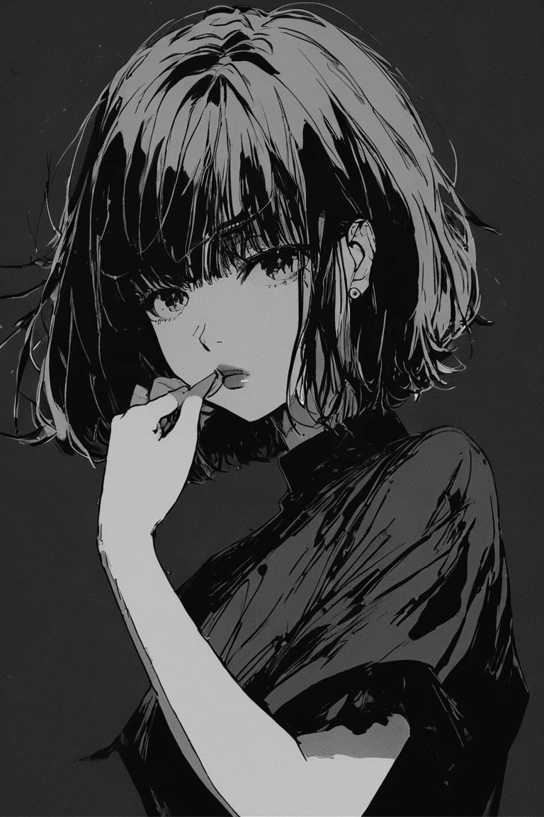 (best quality, sketch:1.2), Hitory Gotoh, bocchi the rock, detailed, hdr:0.75, illustrator,anime, 1 girl, detailed lips, black dress,custom, (background dark monochrome),neon hair,textured cropping, masterpiece, style, retro classic, noir dark, art station, sketch book, short hair [black:1.75] [neon:1.32], (dark monochrome background:2.1), epic realistic, detailed 