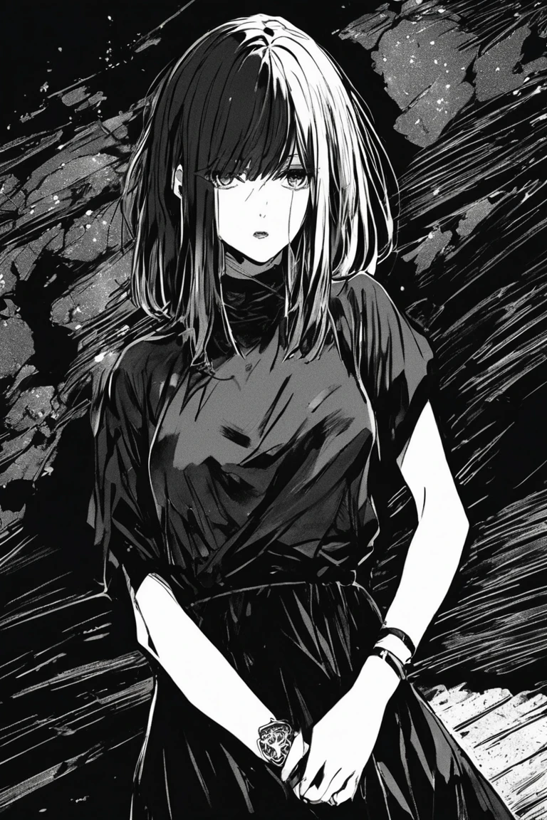 (best quality, sketch:1.2), Hitory Gotoh, bocchi the rock, detailed, hdr:0.75, illustrator,anime, 1 girl, detailed lips, black dress,custom, (background dark monochrome),neon hair,textured cropping, masterpiece, style, retro classic, noir dark, art station, sketch book, short hair [black:1.75] [neon:1.32], (dark monochrome background:2.1), epic realistic, detailed 