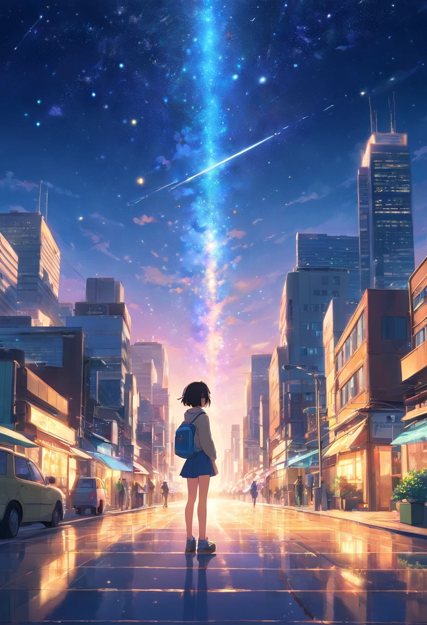 Above the city's golden light,
He gazes at the stars so bright.
Where cosmos and urban dreams collide,
A universe where worlds reside.