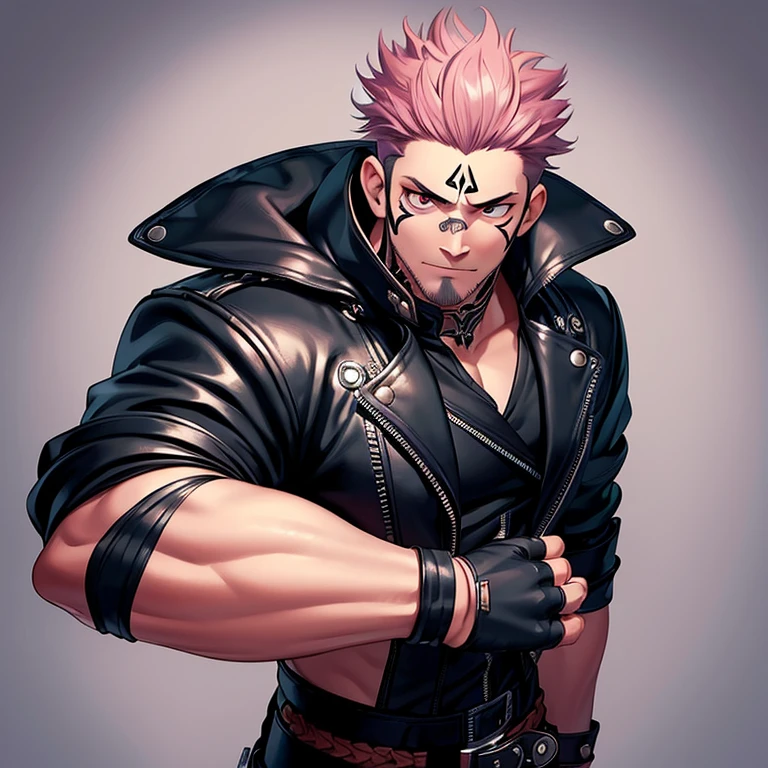 (masterpiece, best quality:1.2), cowboy shot, 1boy, sukuna, leather fingerless gloves, tattoo_on_his_face, manly, full body, biker, pink hair, intricate details, utra detailed, black leather, muscular mature male, eye focus, biker jacket, anatomically correct,
