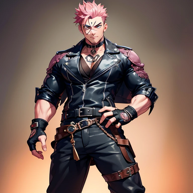(masterpiece, best quality:1.2), cowboy shot, 1boy, sukuna, leather fingerless gloves, tattoo_on_his_face, manly, full body, biker, pink hair, intricate details, utra detailed, black leather, muscular mature male, eye focus, biker jacket, anatomically correct,