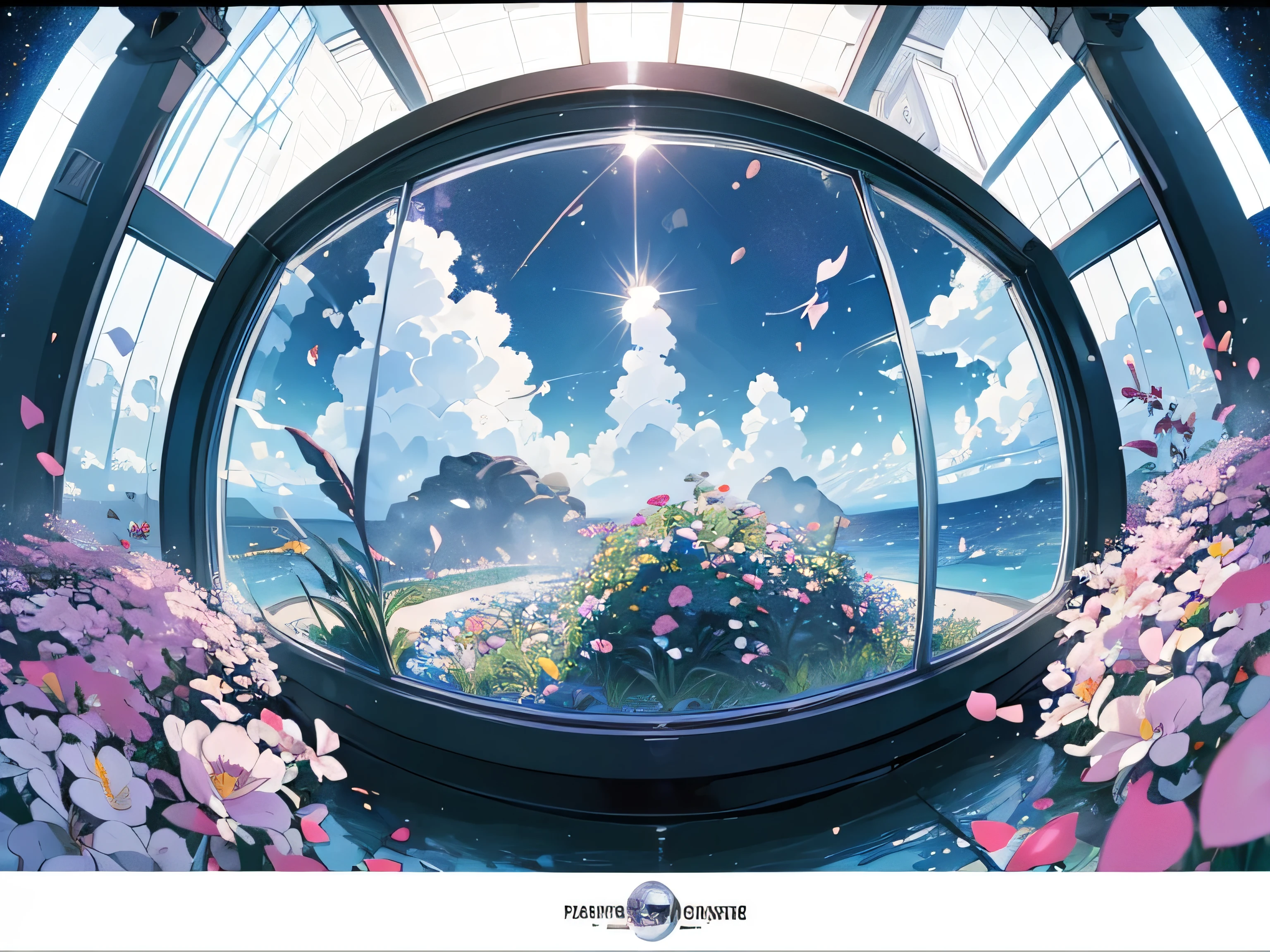 (((Fisheye))), very wide white background, extreme quality, masterpiece, 8k, depth of field, intricate details, (((unattended))), very large margins, lots of text, corporate logo, space, movie poster, (((Outer space))), ((flower garden with sea view)))), nostalgia, panorama, long shot, backlight, (((Various angles))),Detailed detail flowers,(((Petals fluttering in the air))), ,heaven, top quality, 16K, wind blowinglight lighting, backlight,(((no people))), (((white color))), butterfly, fish tail