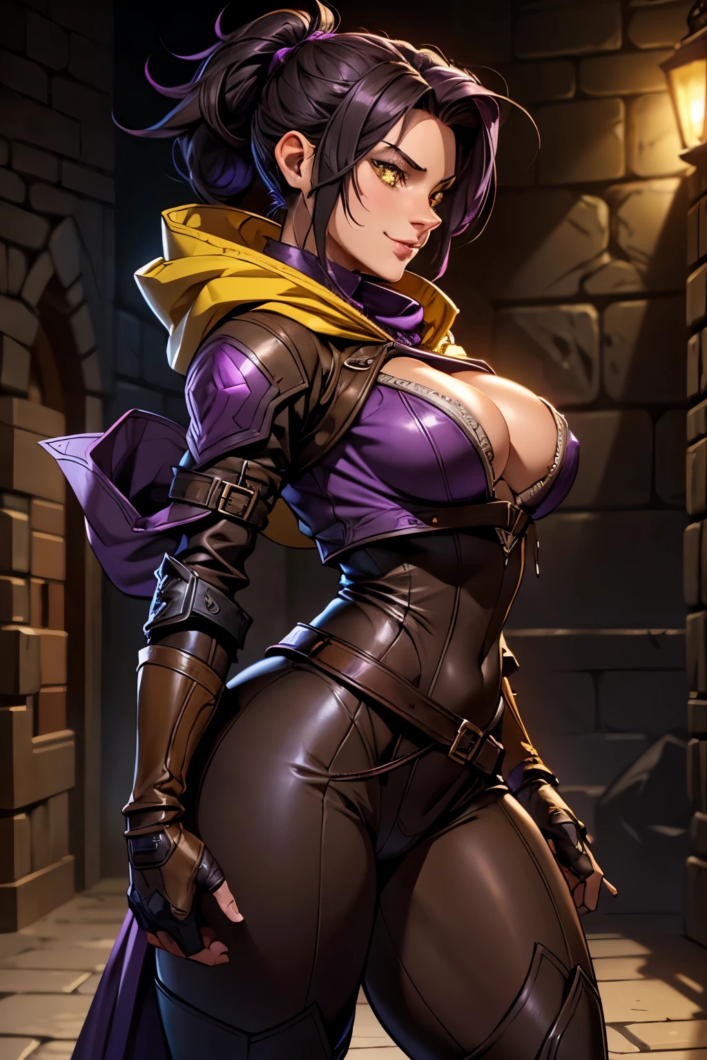 A female ranger wearing brown leathers with a purple hood, detailed yellow eyes, ((yellow eyes)), purple lipstick, short black hair swept back, hair tied back, fantasy ranger, purple hood, intense dangerous expression and smile. Detailed hands. ((Detailed eyes)), ((Detailed face)). vibrant colors., high quality, high resolution, masterpiece, (High resolution), (high quality), (sharp focus), (best quality), cleavage. Show her walking through a dark dungeon, full body shot. pov from the side.