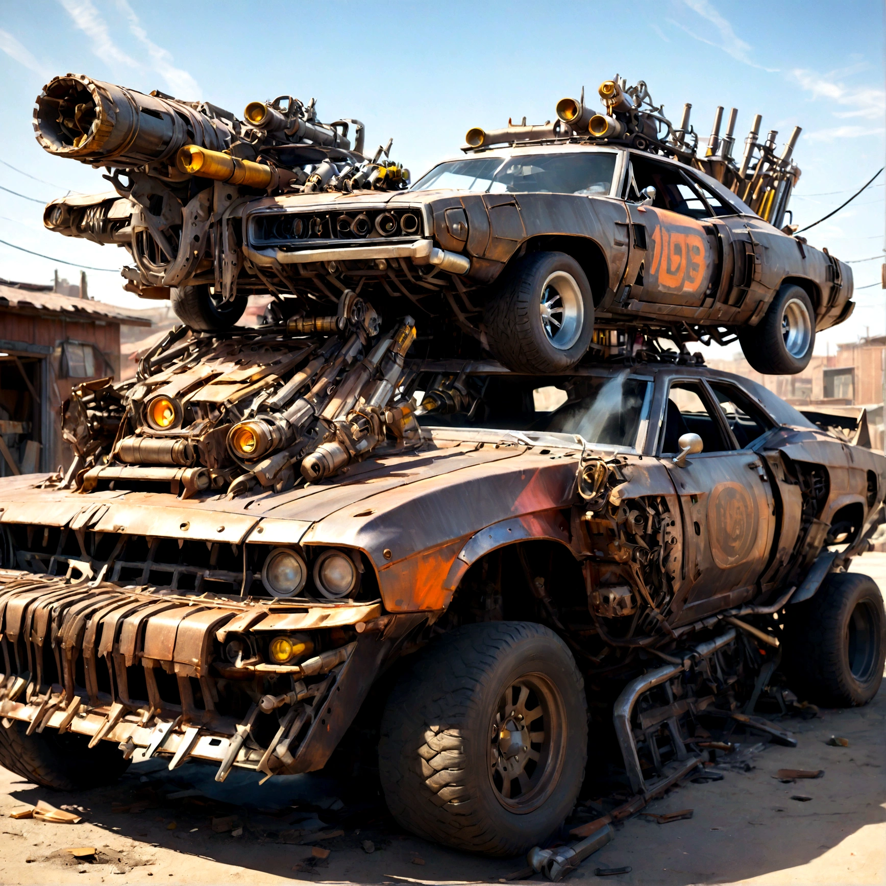 a dodge charger made of scrap metal with a buzz saw launcher on the roof