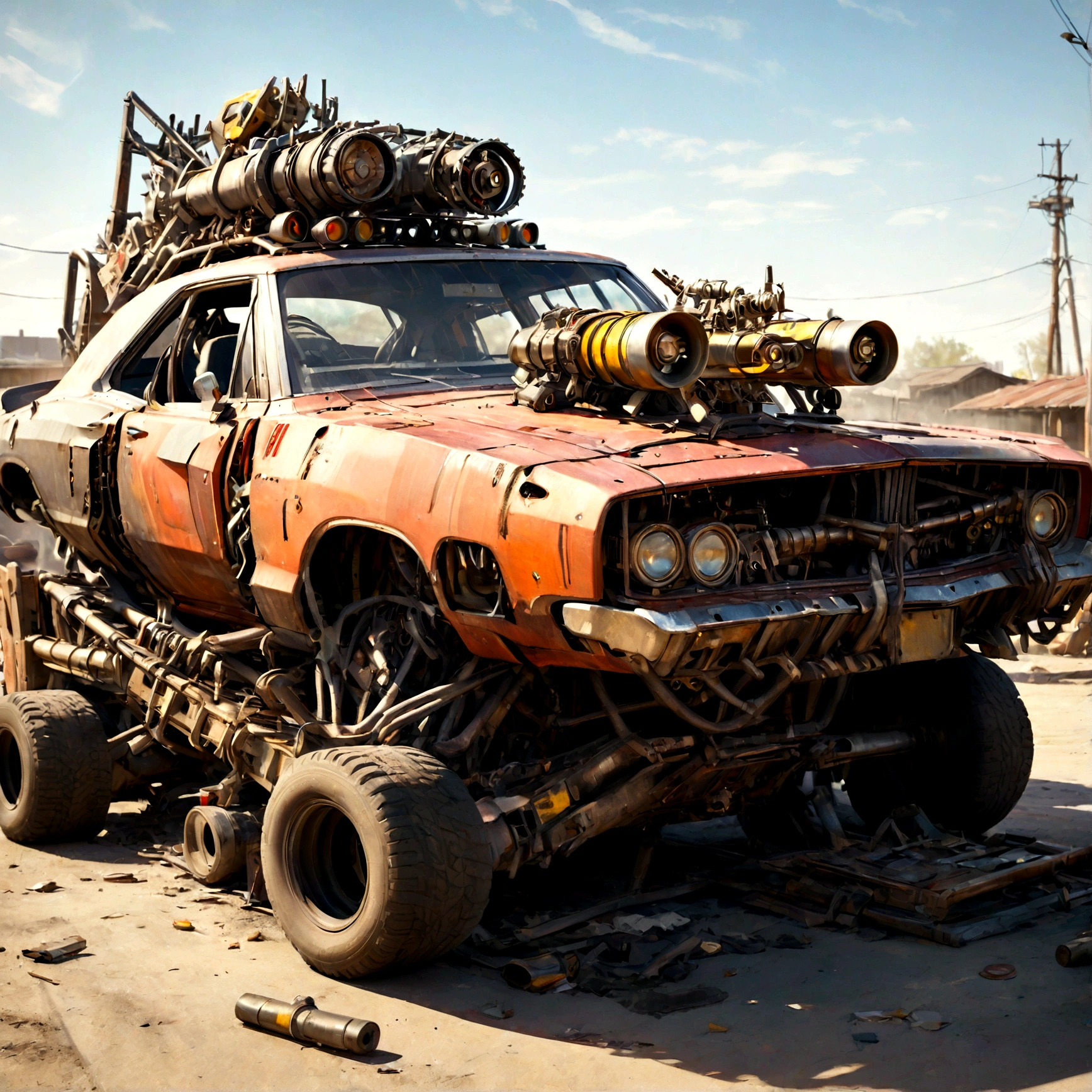 a dodge charger made of scrap metal with a buzz saw launcher on the roof