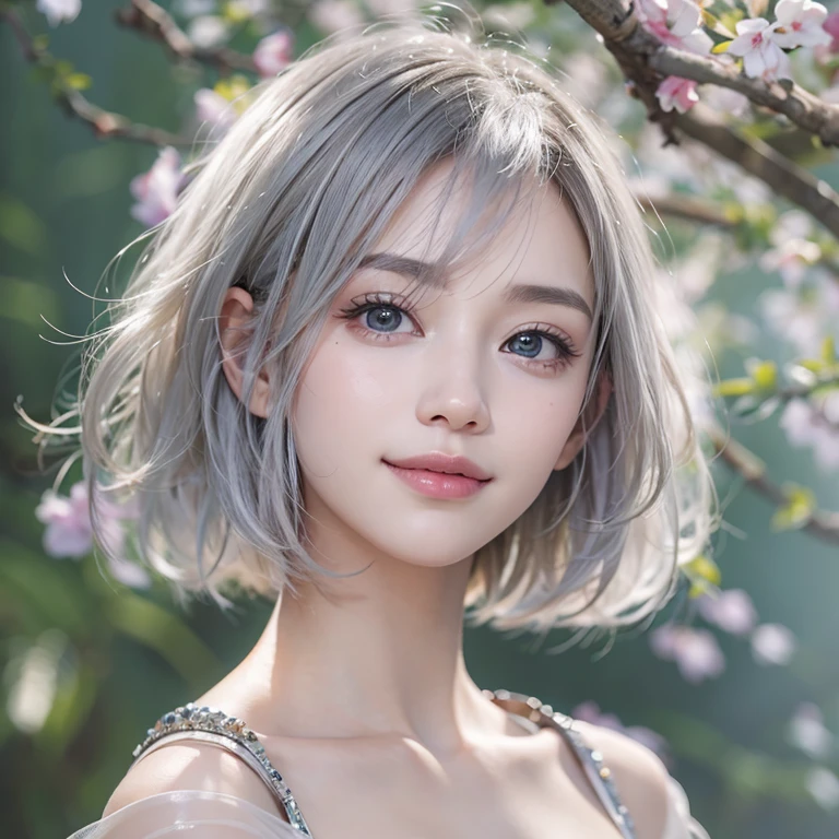 (masterpiece:1.3), (8k, Realistic, RAW Photos, Best image quality: 1.4), Fair-skinned fairy woman、short hair、Cleavage:2.0、Highly detailed face、Attention to detail、double eyelid、Sharp focus:1.2、Beautiful woman:1.4、Silvery white hair、highest quality、masterpiece、Ultra-high resolution、(Realistic:1.4)、Highly detailed and professionally lit smiles、Loose, Light,Japanese high 、 one person、whole body, I eat breakfast