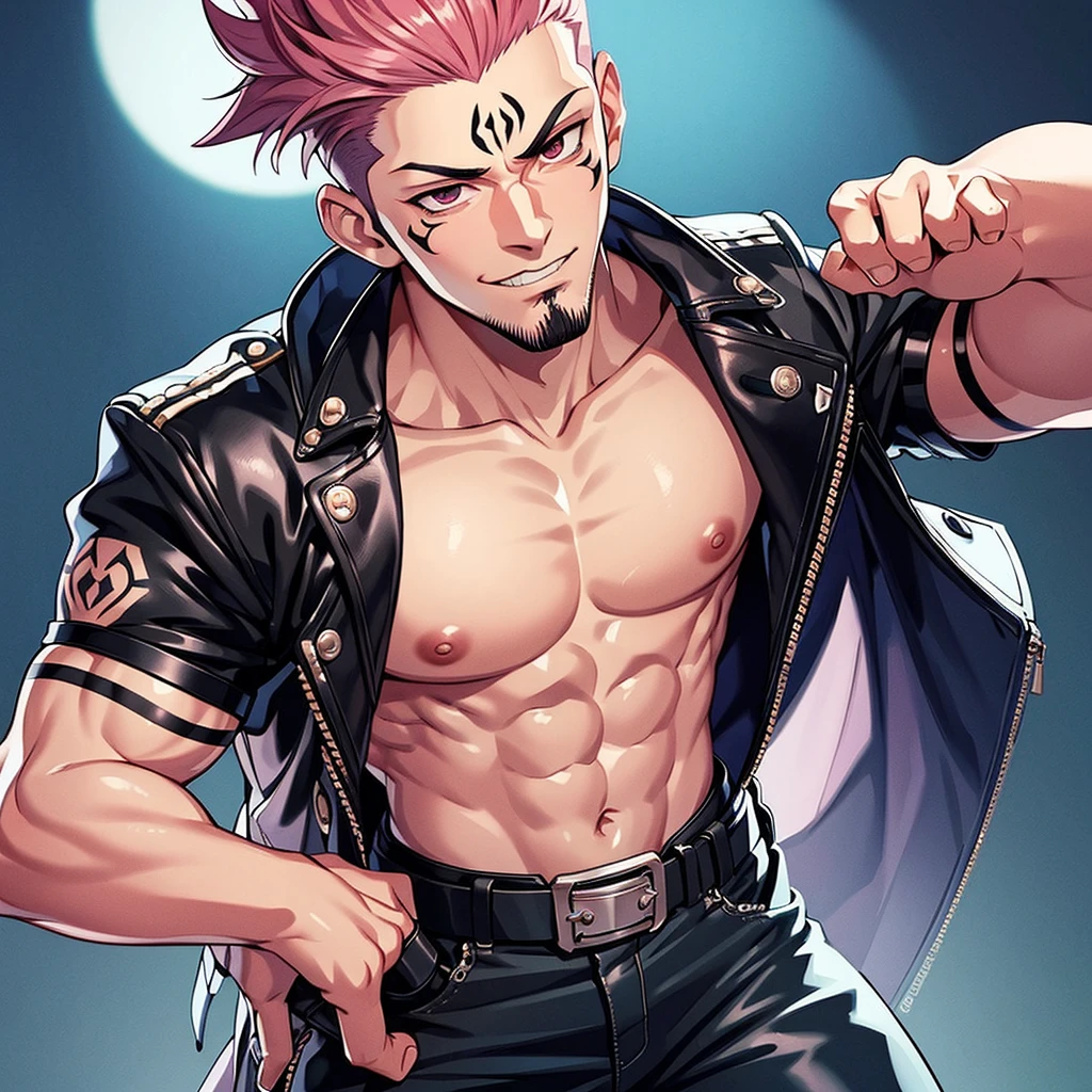 (masterpiece, best quality:1.2), cowboy shot, 1boy, sukuna, leather fingerless gloves, tattoo_on_his_face, manly, full body, biker, pink hair, intricate details, utra detailed, black leather, muscular mature male, eye focus, biker jacket, anatomically correct,