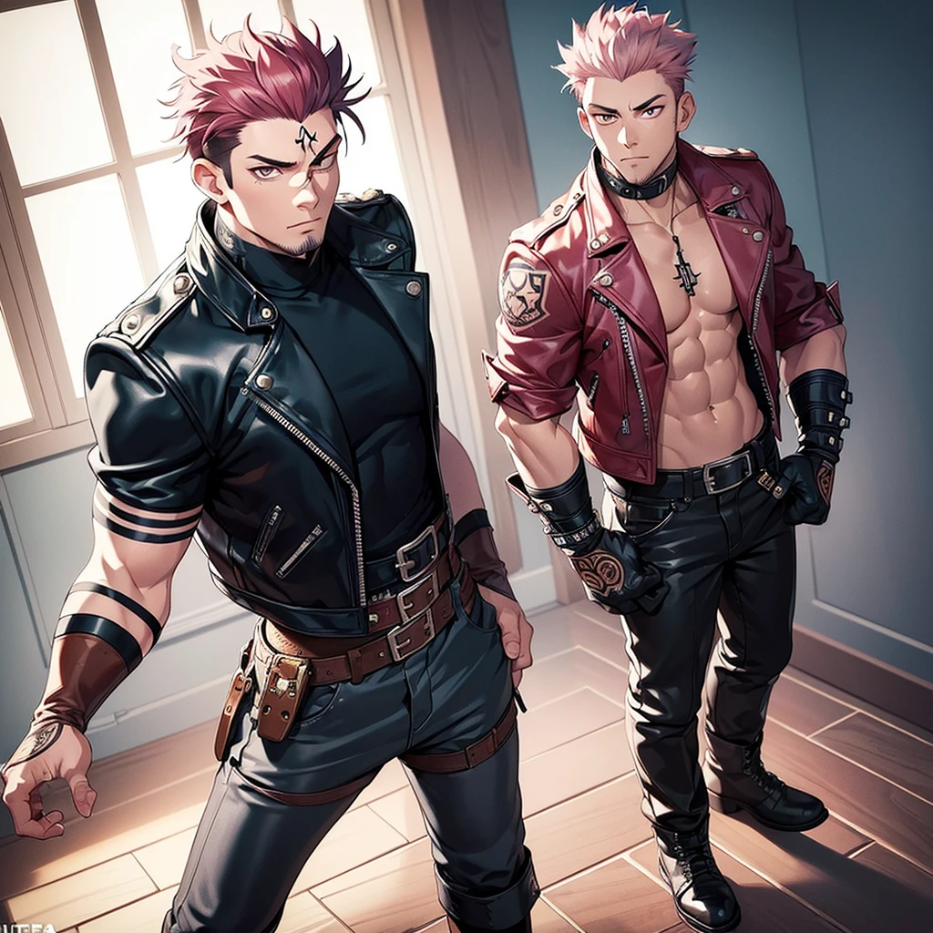 (masterpiece, best quality:1.2), cowboy shot, 1boy, sukuna, leather fingerless gloves, tattoo_on_his_face, manly, full body, biker, pink hair, intricate details, utra detailed, black leather, muscular mature male, eye focus, biker jacket, anatomically correct,