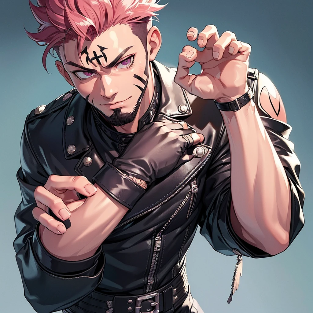 (masterpiece, best quality:1.2), cowboy shot, 1boy, sukuna, leather fingerless gloves, tattoo_on_his_face, manly, full body, biker, pink hair, intricate details, utra detailed, black leather, muscular mature male, eye focus, biker jacket, anatomically correct,