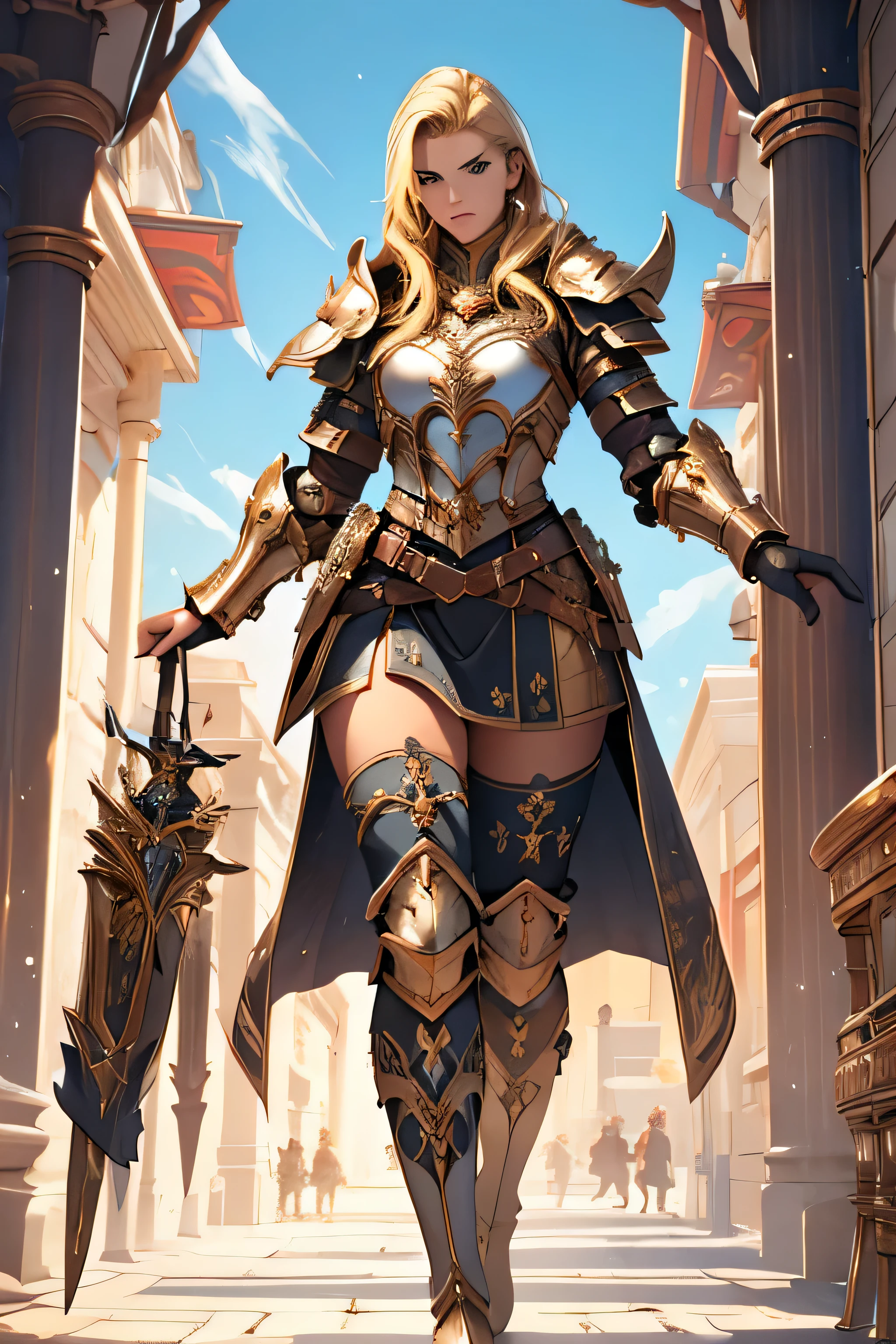 tmasterpiece,High-definition CG diagram,Beautiful female warrior,Detailed eyes and face,Tall figure,The blonde,Full armor attire,Extra-long boots,Wear knee-length boots,Over-the-knee stockings,Brilliant armor colors,Exquisite decoration,General temperament,Tall figure,Wide buttock,Thick legs,A majestic sight,sky view