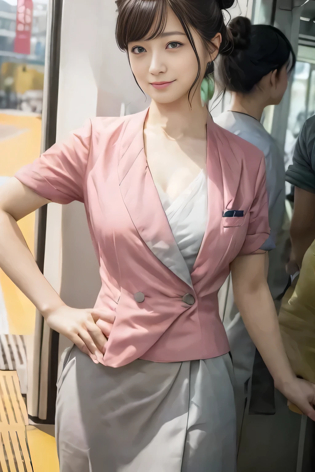 (masterpiece:1.2, highest quality:1.2), 32K HDR, High resolution, (alone、1 girl)、(On the rooftop of a building in the daytime、Professional Lighting)、Building rooftop background、(Nankai train crew uniform pinkを着たリアルスタイル)、(Nankai train crew uniform pink short sleeve pink jacket、Nankai Train Crew Uniform Pink Collarless Short Sleeve Blouse、Nankai Train crew uniform pinkのグレー色のキュロットスカート)、Dark brown hair、(Hair tied up、Hair Bun、Hair Bun)、Dark brown hair、Long Shot、Big Breasts、Thin legs、((Great hands:2.0)),((Harmonious body proportions:1.5)),((Normal limbs:2.0)),((Normal finger:2.0)),((Delicate eyes:2.0)),((Normal eyes:2.0)))、smile、(Nankai Train crew uniform pinkのグレー色のキュロットスカートを見せた美しい歩く姿)、Keep your hands natural、