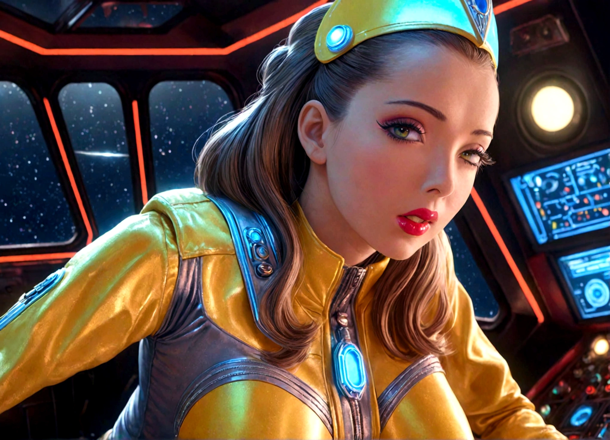 A sexy female space captain in a 50s-styled space outfit piloting her rocket with blinking controls and bright lights, highly detailed, photorealistic, 8k, hyper-realistic, extremely detailed, ultra-detailed, masterpiece, detailed eyes, detailed lips, long eyelashes, muscular, confident expression, dramatic lighting, neon colors, intricate ship interior, glowing displays, metallic textures, shiny surfaces, dynamic pose, cinematic angle