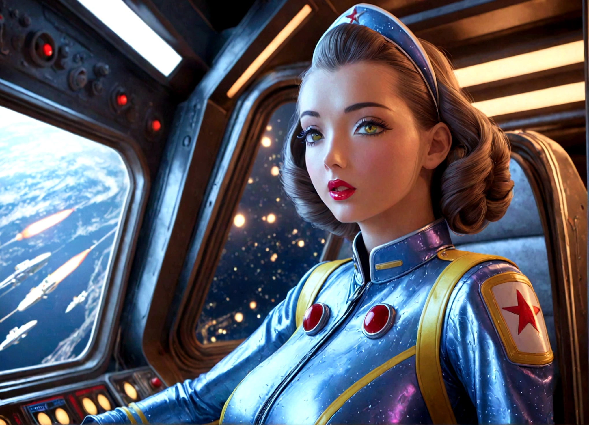 A sexy female space captain in a 50s-styled space outfit piloting her rocket with blinking controls and bright lights, highly detailed, photorealistic, 8k, hyper-realistic, extremely detailed, ultra-detailed, masterpiece, detailed eyes, detailed lips, long eyelashes, muscular, confident expression, dramatic lighting, neon colors, intricate ship interior, glowing displays, metallic textures, shiny surfaces, dynamic pose, cinematic angle