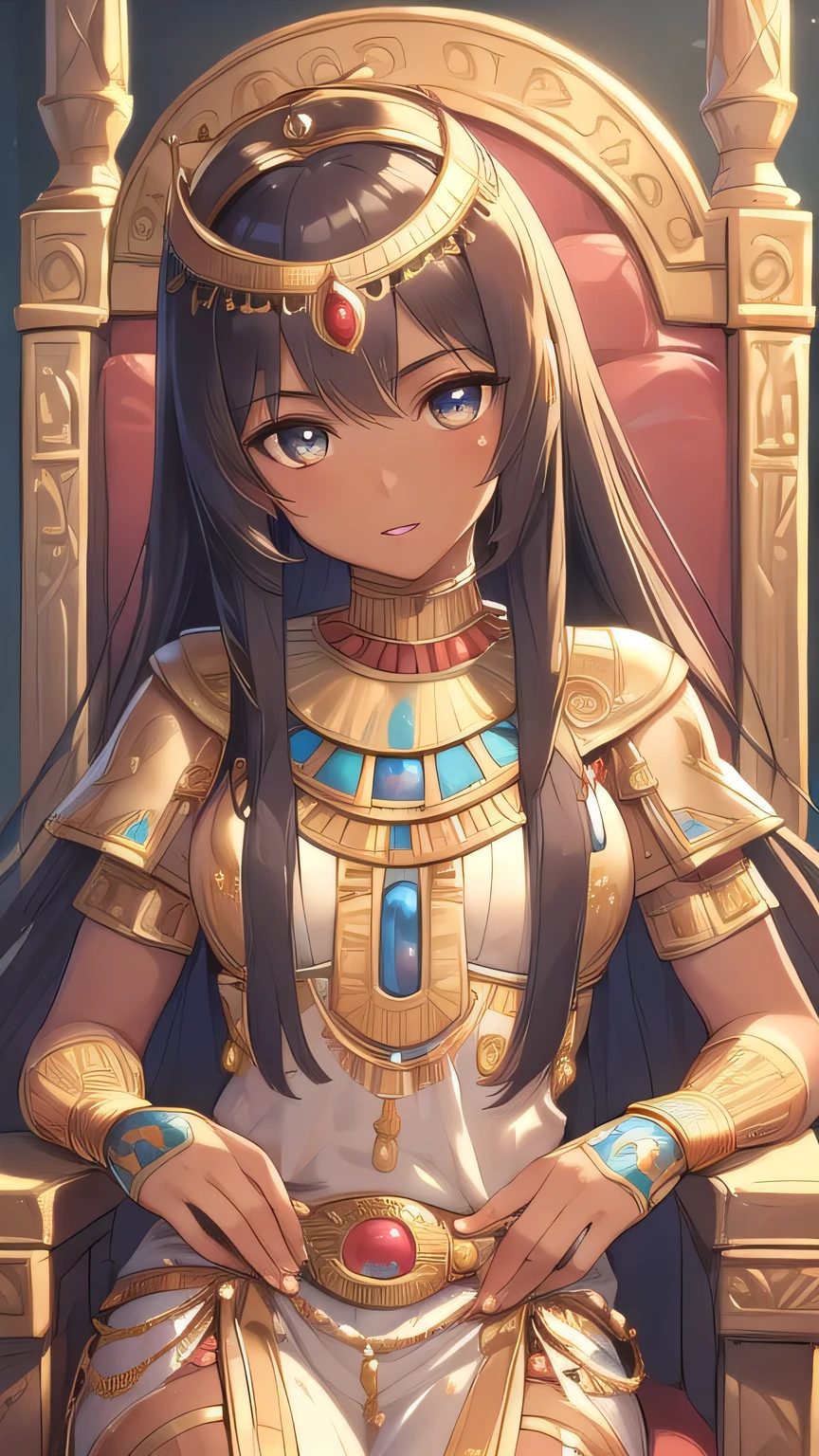 ((best quality)), ((masterpiece)), (detailed face and eyes), perfect face, accurate, textured skin, high details, highres, Cleopatra, queen of ancient Egypt, in silk dress, jewelled crown, lipstick, cowboy shot, Tanned skin, brown skin, throne, whole body