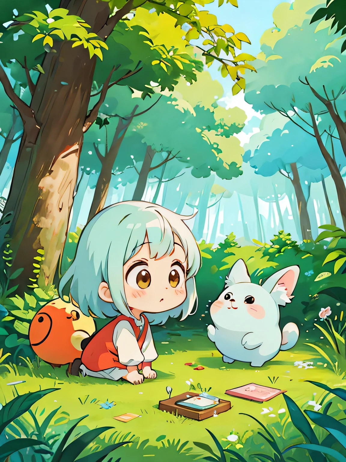 Hayao Miyazaki style, Kawaii Design, The most beautiful girl of all time、Chibi, play together、Colorful and cute forest animals