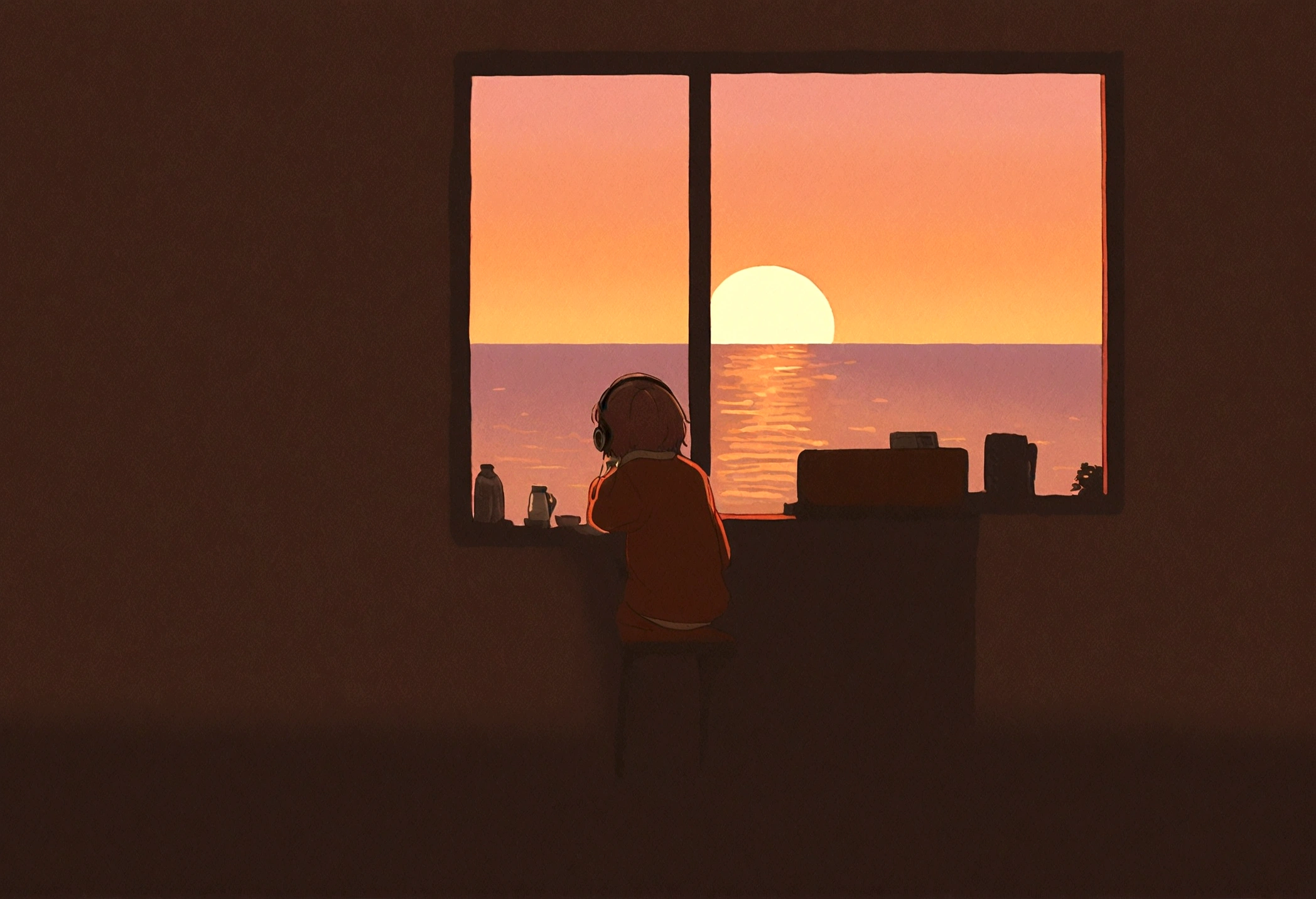 Lo-Fi A girl studying at a desk while listening to music,The girl is studying facing the window I have headphones on,Outside, the sea and the sunset,Emotional atmosphere,Anime Style,Retro Studio Ghibli