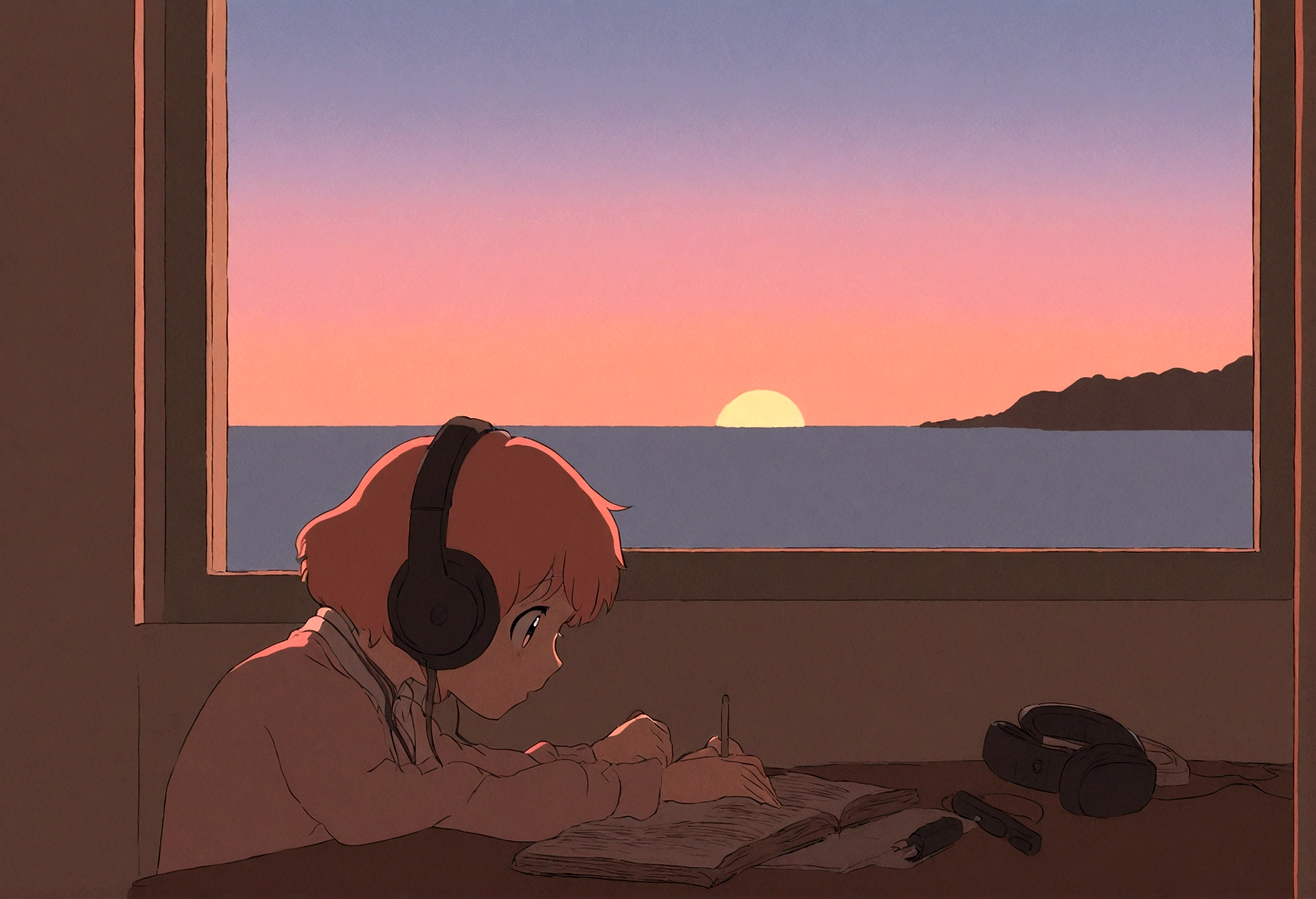 Lo-Fi　A girl studying at a desk while listening to music,The girl is studying facing the window　I have headphones on,Outside, the sea and the sunset,Emotional atmosphere,Anime Style,Retro Studio Ghibli